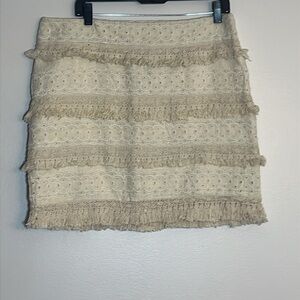 Anthropologie HD in Paris Ivory Cream Eyelet Lace Tiered Fringe Skirt 14